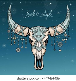 Fantastic skull of a bull in iron armor. Ethnic jewelry. Esoteric symbol, boho design.  Background - the night star sky. Vector illustration.