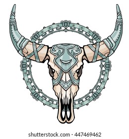 Fantastic skull of a bull in iron armor. Esoteric symbol, boho design.  Decorative iron circle. The color drawing isolated on a white background. Vector illustration.
