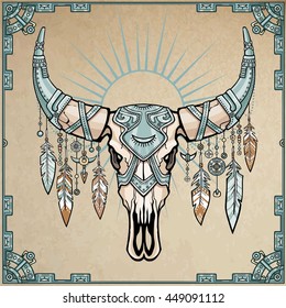 Fantastic skull of a bull in iron armor. Esoteric symbol, boho design. Background - imitation of old paper, a frame from iron elements. Vector illustration.