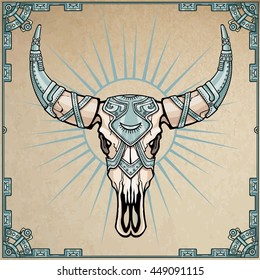 Fantastic skull of a bull in iron armor. Esoteric symbol, boho design. Background - imitation of old paper, a frame from iron elements. Vector illustration.