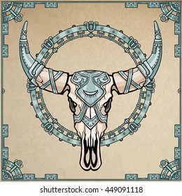 Fantastic skull of a bull in iron armor. Esoteric symbol, boho design. Background - imitation of old paper, a frame from iron elements. Vector illustration.