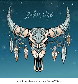 Fantastic skull of a bull in iron armor. Ethnic jewelry. Esoteric symbol, boho design. Background - the night star sky. Vector illustration.