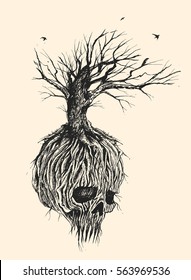 Fantastic skull tree roots and branches, Hand Drawn Sketch Vector illustration.