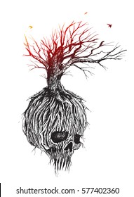 Fantastic skull tree roots and branches, Hand Drawn Sketch Vector illustration.