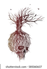Fantastic skull tree roots and branches, Hand Drawn Sketch Vector illustration.
