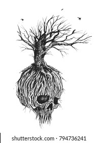 Fantastic skull tree roots and branches, Hand Drawn Sketch Vector illustration.