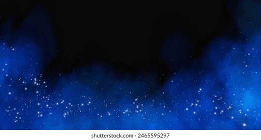 Fantástico fondo de humo. Humo mágico azul con brillo y Pequeñas partículas de estrellas centelleantes, niebla con partículas brillantes, vapor multicolor con polvo de estrellas. Ilustración vectorial.