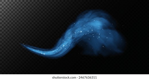 Fantastic smoke background. Blue magic smoke with glitter and small particles of twinkling stars, fog with glowing particles, multicolored steam with stardust. Vector illustration.	