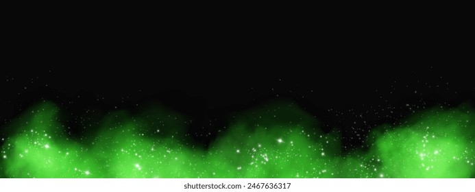 Fantastic smoke background. Green magic smoke with glitter and small particles of twinkling stars, fog with glowing particles, multicolored steam with stardust. Vector illustration.	