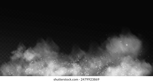 Fantastic smoke background. Magic smoke with glitter and small particles of twinkling stars, fog with glowing particles, gray vapor with stardust. Vector illustration.	