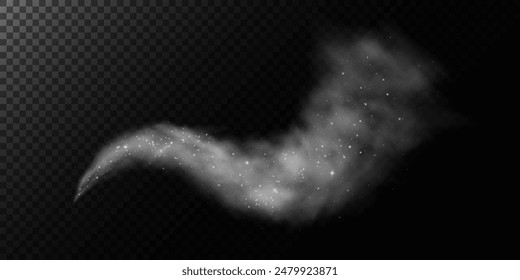 Fantastic smoke background. Magic smoke with glitter and small particles of twinkling stars, fog with glowing particles, gray vapor with stardust. Vector illustration.	