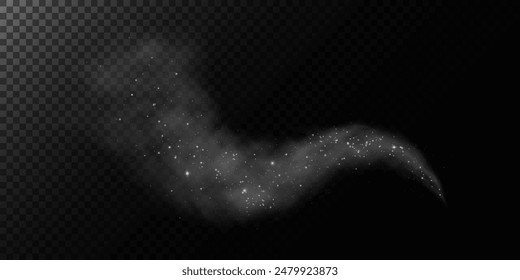 Fantastic smoke background. Magic smoke with glitter and small particles of twinkling stars, fog with glowing particles, gray vapor with stardust. Vector illustration.	