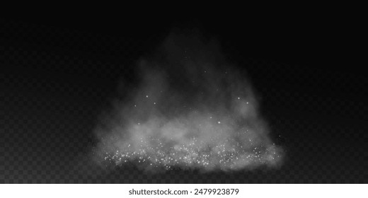 Fantástico fondo de humo. Humo mágico con brillo y Pequeñas partículas de estrellas centelleantes, niebla con partículas brillantes, vapor gris con polvo de estrellas. Ilustración vectorial.	