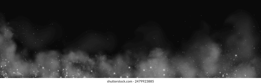 Fantastic smoke background. Magic smoke with glitter and small particles of twinkling stars, fog with glowing particles, gray vapor with stardust. Vector illustration.	