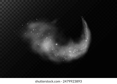 Fantastic smoke background. Magic smoke with glitter and small particles of twinkling stars, fog with glowing particles, gray vapor with stardust. Vector illustration.	