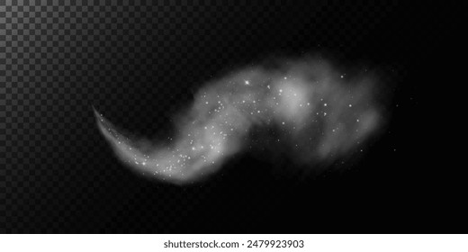 Fantastic smoke background. Magic smoke with glitter and small particles of twinkling stars, fog with glowing particles, gray vapor with stardust. Vector illustration.	