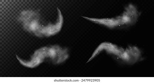 Fantastic smoke background. Magic smoke with glitter and small particles of twinkling stars, fog with glowing particles, gray vapor with stardust. Vector illustration.	