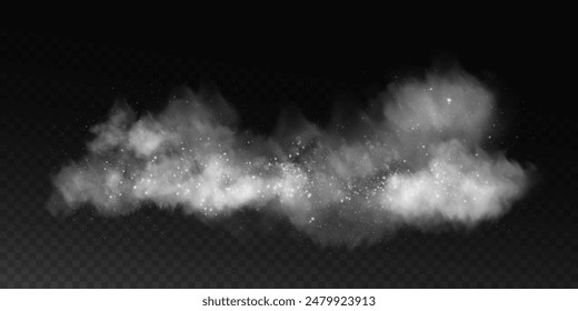 Fantastic smoke background. Magic smoke with glitter and small particles of twinkling stars, fog with glowing particles, gray vapor with stardust. Vector illustration.	