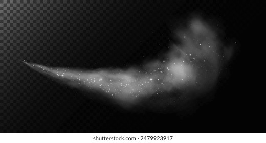Fantastic smoke background. Magic smoke with glitter and small particles of twinkling stars, fog with glowing particles, gray vapor with stardust. Vector illustration.	