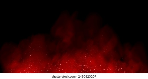 Fantastic smoke background. Magic smoke with glitter and small particles of twinkling stars, fog with glowing particles, red vapor with stardust. Vector illustration.	