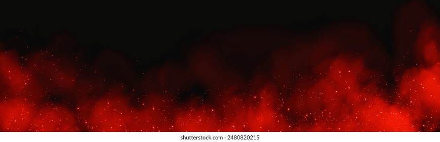 Fantastic smoke background. Magic smoke with glitter and small particles of twinkling stars, fog with glowing particles, red vapor with stardust. Vector illustration.	