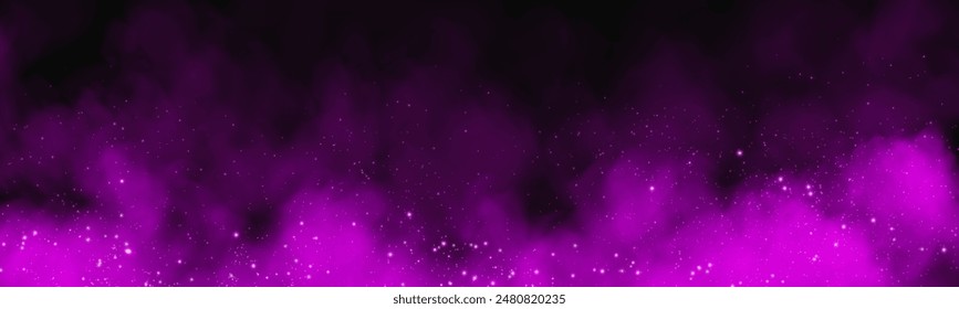 Fantastic smoke background. Magic smoke with glitter and small particles of twinkling stars, fog with luminous particles, purple vapor with stardust. Vector illustration.	