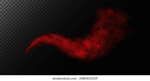 Fantastic smoke background. Magic smoke with glitter and small particles of twinkling stars, fog with glowing particles, red vapor with stardust. Vector illustration.	