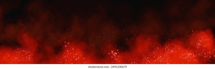 Fantastic smoke background. Magic smoke with glitter and small particles of twinkling stars, fog with glowing particles, red vapor with stardust. Vector illustration.	