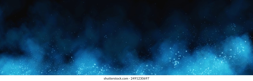 Fantastic smoke background. Magic smoke with glitter and small particles of twinkling stars, fog with luminous particles, blue vapor with stardust. Vector illustration.	