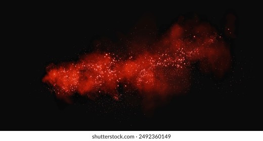 Fantastic smoke background. Magic smoke with glitter and small particles of twinkling stars, fog with glowing particles, red vapor with stardust. Vector illustration.	