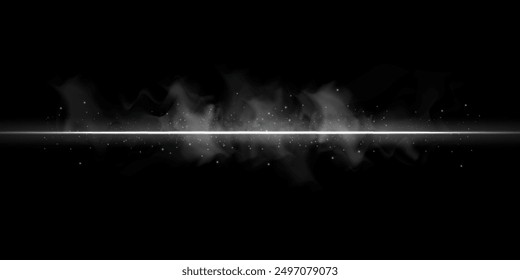 Fantastic smoke background. Magic smoke with glitter and small particles of twinkling stars, fog with glowing particles, gray vapor with stardust. Vector illustration.