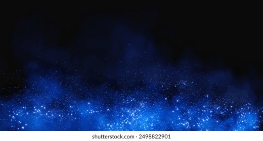 Fantastic smoke background. Magic smoke with glitter and small particles of twinkling stars, fog with luminous particles, blue vapor with stardust. Vector illustration.	