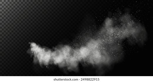 Fantástico fondo de humo. Humo mágico con brillo y Pequeñas partículas de estrellas centelleantes, niebla con partículas brillantes, vapor gris con polvo de estrellas. Ilustración vectorial.	