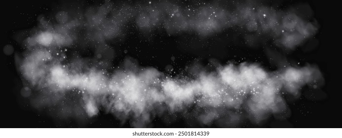 Fantastic smoke background. Magic smoke with glitter and small particles of twinkling stars, fog with glowing particles, gray vapor with stardust. Vector illustration.	