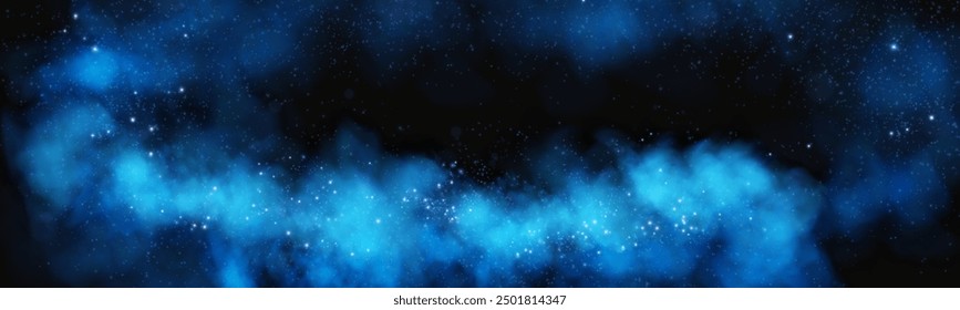 Fantastic smoke background. Magic smoke with glitter and small particles of twinkling stars, fog with luminous particles, blue vapor with stardust. Vector illustration.	