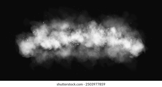 Fantastic smoke background. Magic smoke with glitter and small particles of twinkling stars, fog with glowing particles, gray vapor with stardust. Vector illustration.	