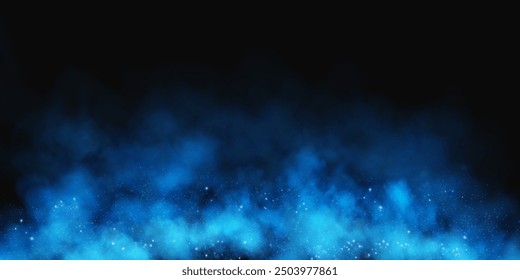Fantastic smoke background. Magic smoke with glitter and small particles of twinkling stars, fog with luminous particles, blue vapor with stardust. Vector illustration.	