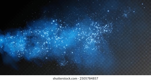 Fantastic smoke background. Magic smoke with glitter and small particles of twinkling stars, fog with luminous particles, blue vapor with stardust. Vector illustration.	