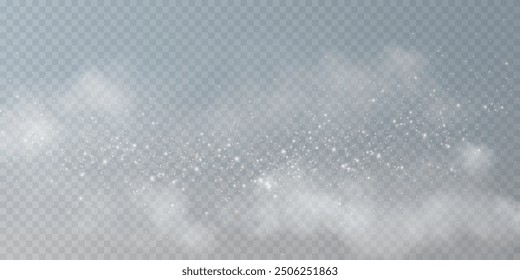 Fantastic smoke background. Magic smoke with glitter and small particles of twinkling stars, fog with glowing particles, gray vapor with stardust. Vector illustration.	