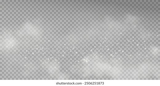 Fantastic smoke background. Magic smoke with glitter and small particles of twinkling stars, fog with glowing particles, gray vapor with stardust. Vector illustration.	