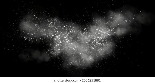 Fantastic smoke background. Magic smoke with glitter and small particles of twinkling stars, fog with glowing particles, gray vapor with stardust. Vector illustration.	