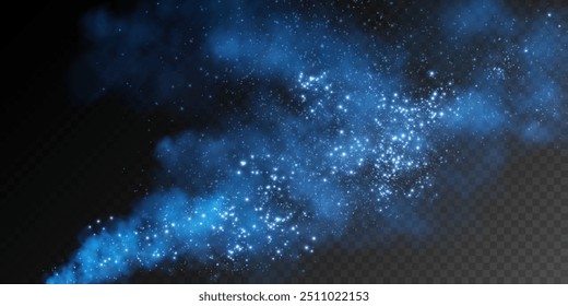 Fantastic smoke background. Magic smoke with glitter and small particles of twinkling stars, fog with luminous particles, blue vapor with stardust. Vector illustration.	