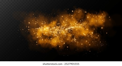 Fantastic smoke background. Magic smoke with glitter and small particles of shimmering stars, fog with glowing particles, golden vapour with stardust. Vector illustration.	