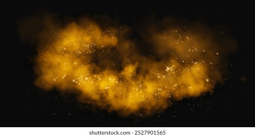 Fantastic smoke background. Magic smoke with glitter and small particles of shimmering stars, fog with glowing particles, golden vapour with stardust. Vector illustration.	