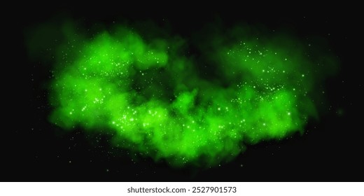 Fantastic smoke background. Magic smoke with glitter and small particles of twinkling stars, fog with glowing particles, green vapour with stardust. Vector illustration.	