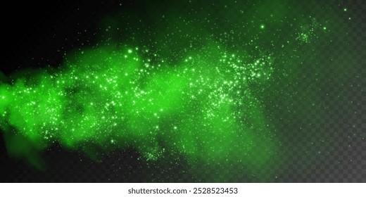 Fantástico fondo de humo. Humo mágico con brillo y Pequeñas partículas de estrellas centelleantes, niebla con partículas brillantes, vapor verde con polvo de estrellas. Ilustración vectorial.	