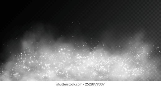 Fantastic smoke background. Magic smoke with glitter and small particles of twinkling stars, fog with glowing particles, gray vapor with stardust. Vector illustration.	