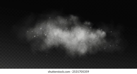 Fantástico fondo de humo. Humo mágico con brillo y Pequeñas partículas de estrellas centelleantes, niebla con partículas brillantes, vapor gris con polvo de estrellas. Ilustración vectorial.	