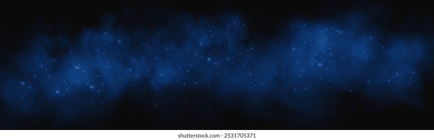 Fantástico fundo de fumaça. Fumaça mágica com brilho e pequenas partículas de estrelas cintilantes, nevoeiro com partículas luminosas, vapor azul com poeira estelar. Ilustração vetorial.	