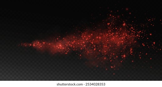 Fantástico fundo de fumaça. Fumaça mágica com brilho e pequenas partículas de estrelas cintilantes, nevoeiro com partículas brilhantes, vapor vermelho com poeira estelar. Ilustração vetorial.	